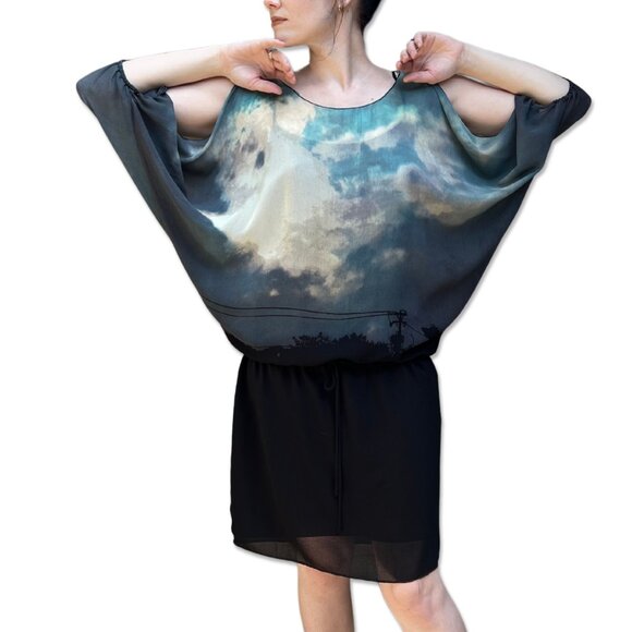 M.S.S.P. Cloud Print Dress Black Skirt Overlay Batwing Sleeves Adjustable Waist - Picture 1 of 7